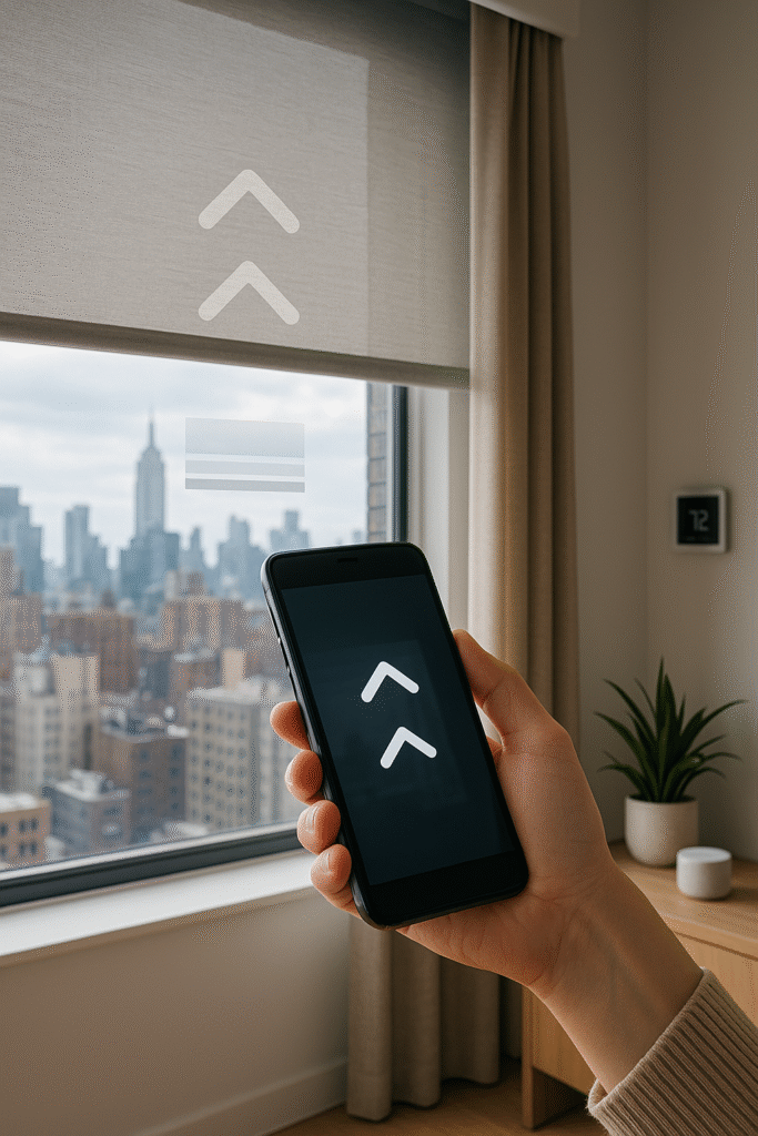 What Are the Best Custom Window Treatments for NYC Apartments? 3 Smartphone-controlled motorized shades as part of custom window treatments in a stylish NYC apartment with a city skyline view.