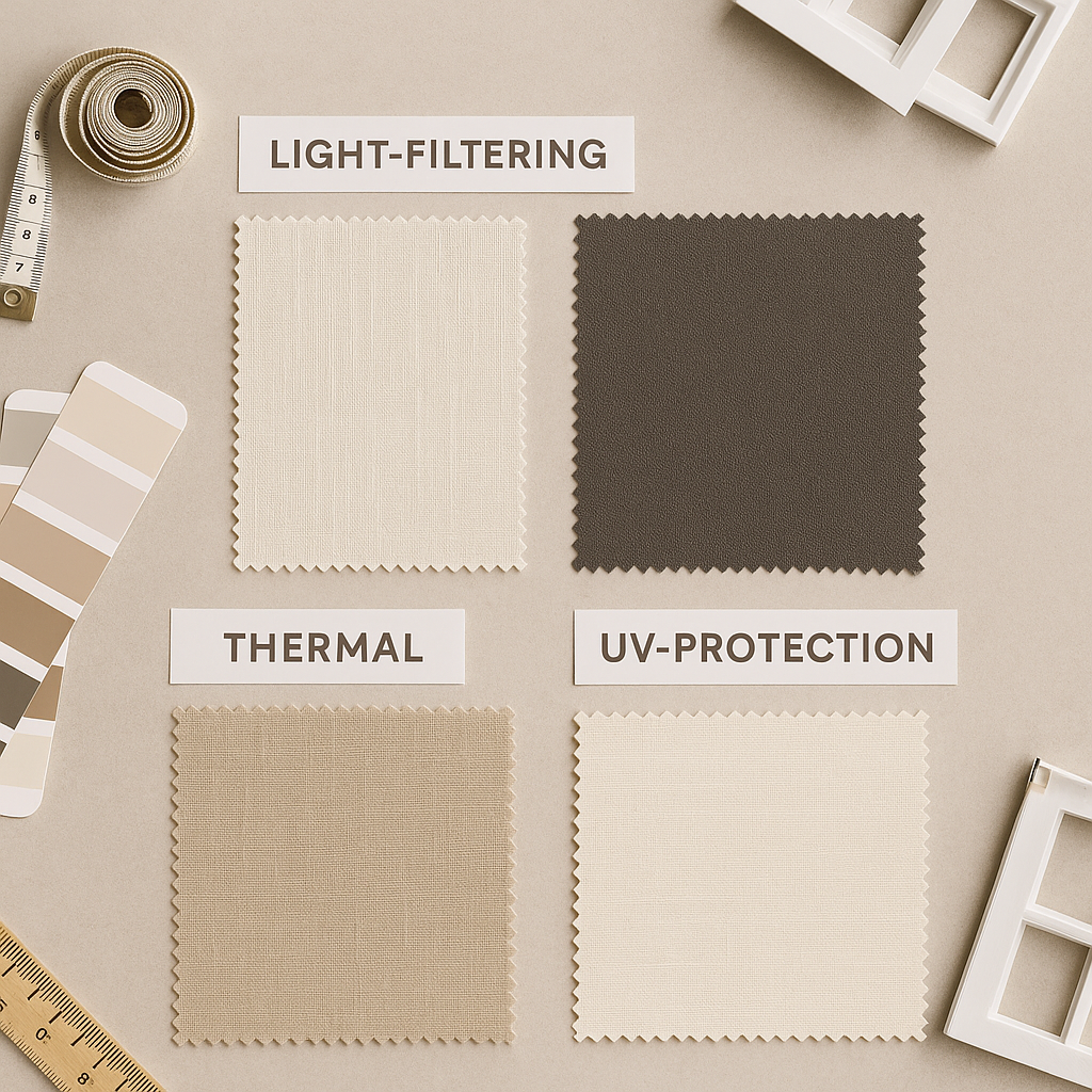 Flat-lay of fabric swatches labeled light-filtering, blackout, thermal, and UV-protection for custom window shades, arranged on a designer’s workspace to guide Manhattan homeowners in choosing the right fabric for custom shades in Manhattan