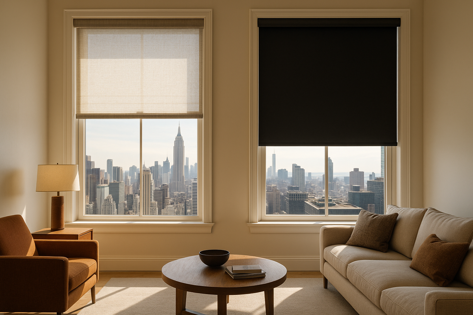 Stylish Manhattan apartment living room with custom fabric window shades—one linen light-filtering and one blackout—showcasing fabric options for custom shades in a modern NYC interior.