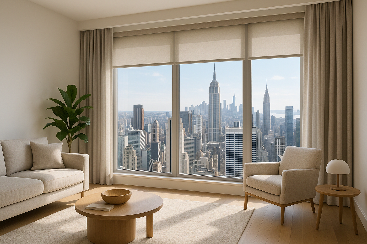 What Are the Best Custom Window Treatments for NYC Apartments? 2 Custom window treatments installed in a modern NYC apartment, featuring motorized blackout shades and designer drapes by Professional Shades.