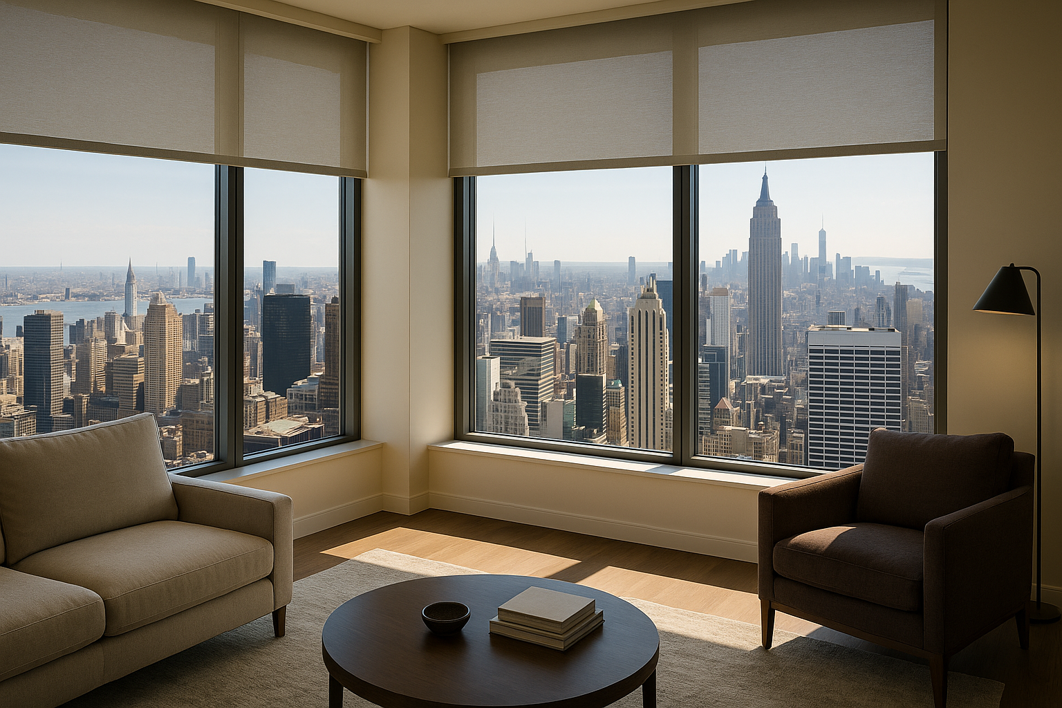 Modern motorized window shades in a high-rise New York City apartment with a view of the Manhattan skyline during daylight