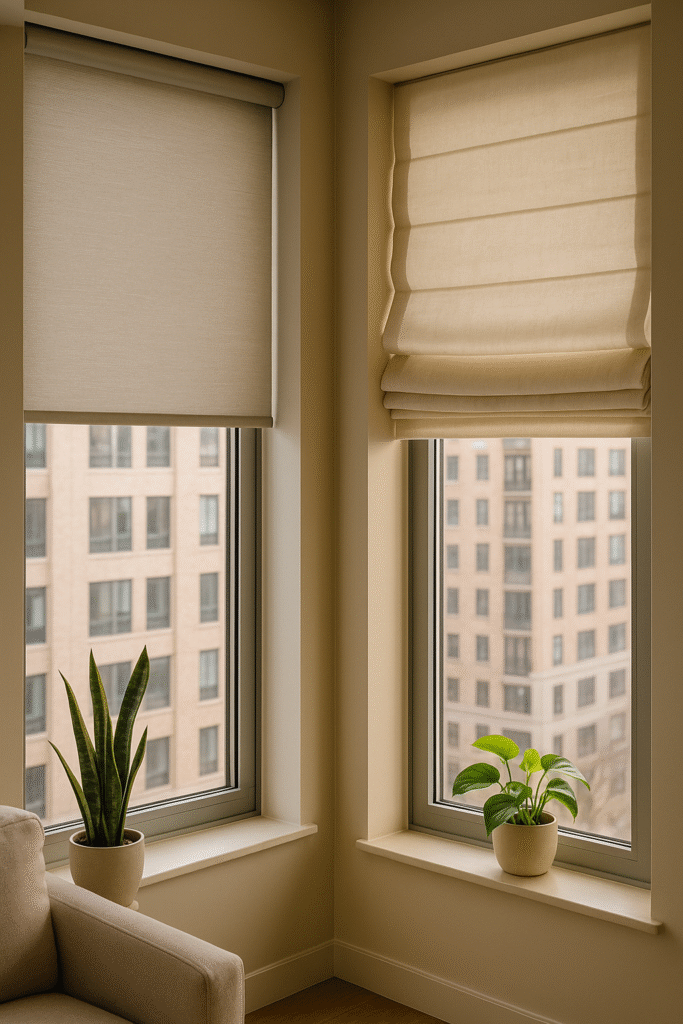 Roller Shades vs Roman Shades NYC: Best Window Treatments for Apartments 3 Side-by-side view of roller shades vs roman shades NYC in a modern Manhattan apartment
