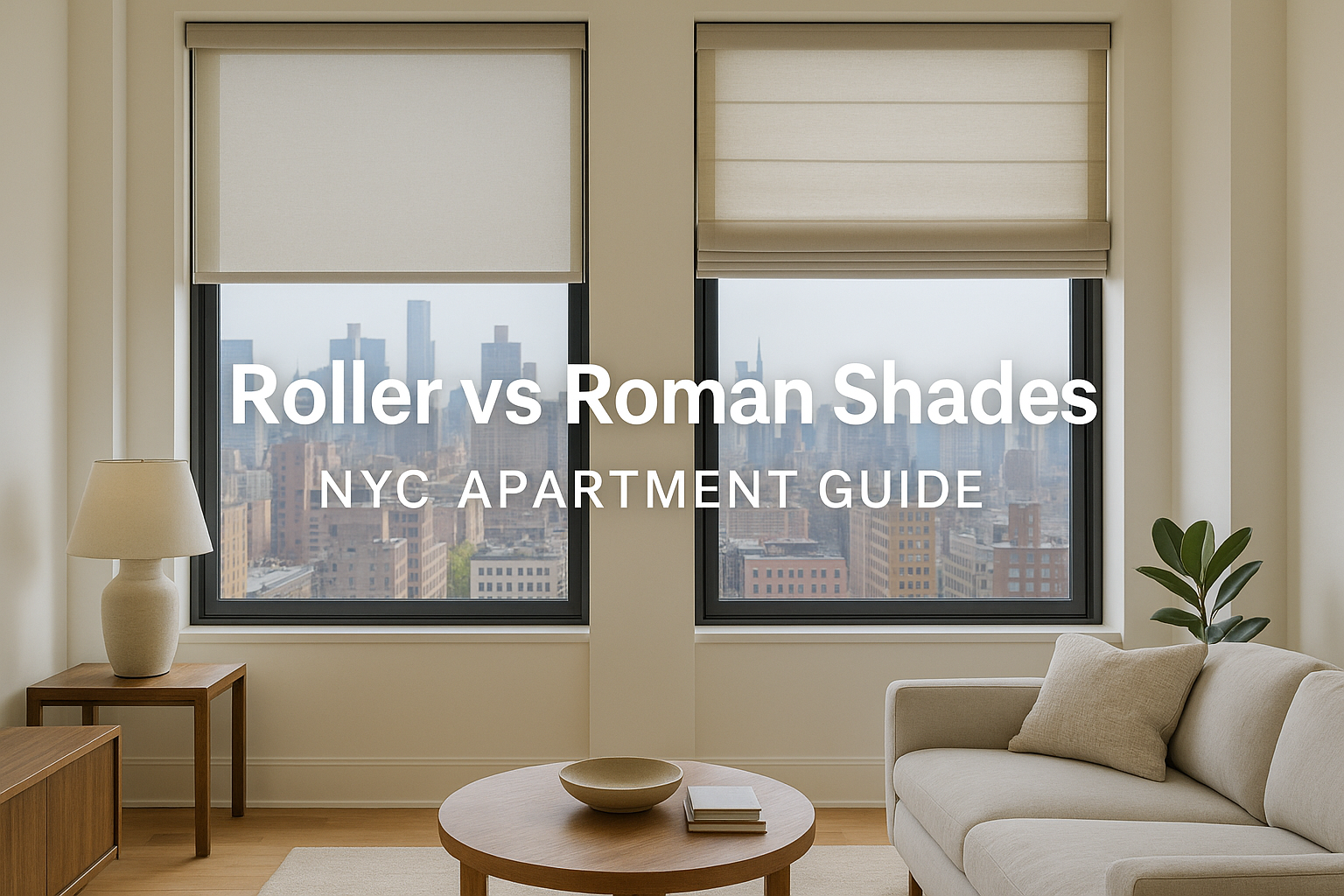 Comparison of roller shades vs roman shades NYC apartment living room