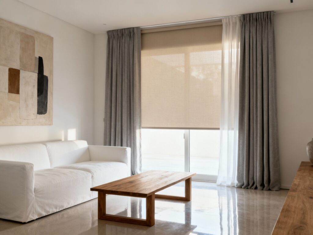 NYC apartment living room with roller shades and noise-reducing curtains