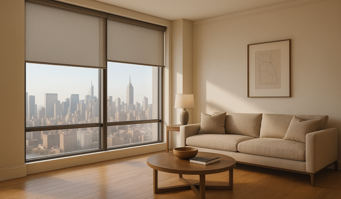 Modern NYC high-rise living room with motorized roller shades, floor-to-ceiling windows, soft daylight, and luxury minimalist interior.