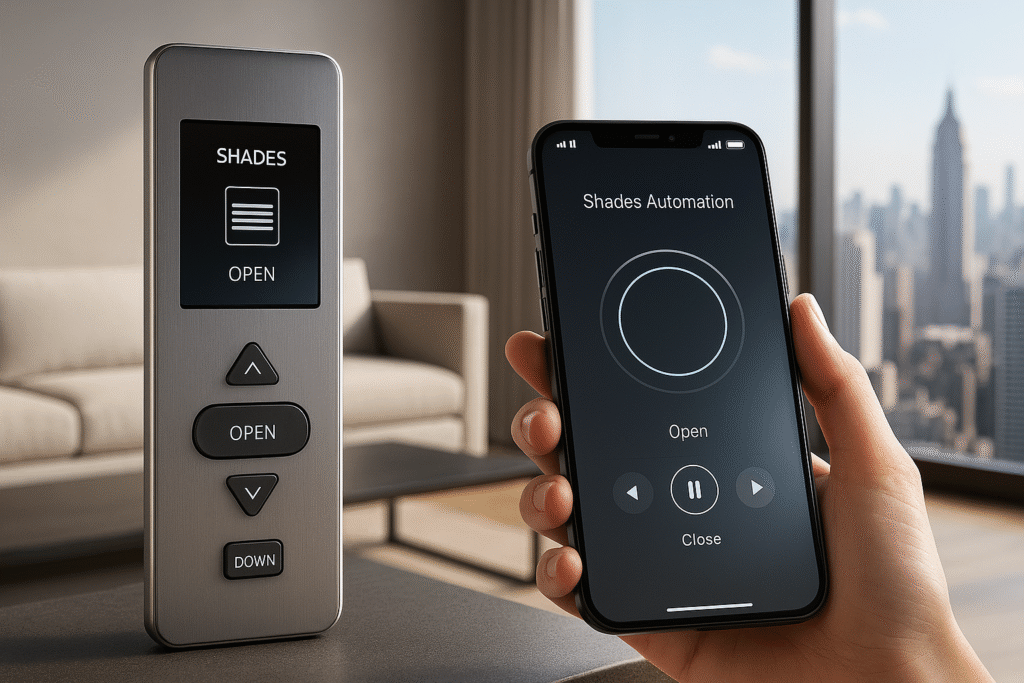 Close-up view of a motorized shade remote and smartphone automation interface in a modern NYC high-rise apartment, featuring brushed-metal detailing, a glowing OLED display, fingerprint-free textures, soft reflections on the phone glass, and a blurred Manhattan skyline through floor-to-ceiling windows.