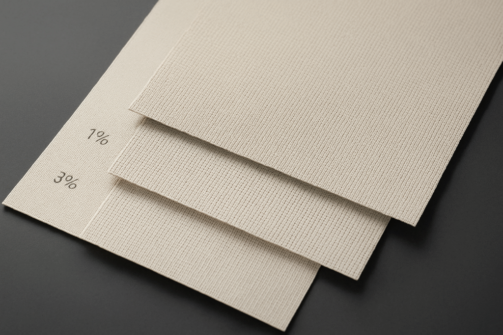 Close-up view of three solar shade fabric samples displaying 1%, 3%, and 5% openness levels, arranged in a premium sample-book layout with visible weave texture, soft directional lighting, and a matte designer surface underneath.