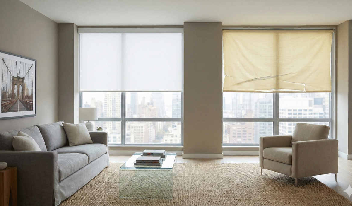 Interior view of a modern Manhattan living room with two large windows, illustrating a side-by-side comparison. The left window features a new, clean white roller shade, while the right window shows an old, sun-damaged, and yellowed shade with visible tears.