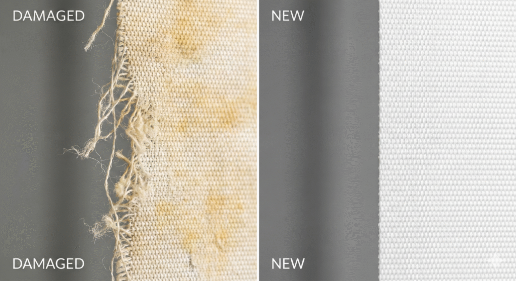 Comparison of worn versus new window shades fabric