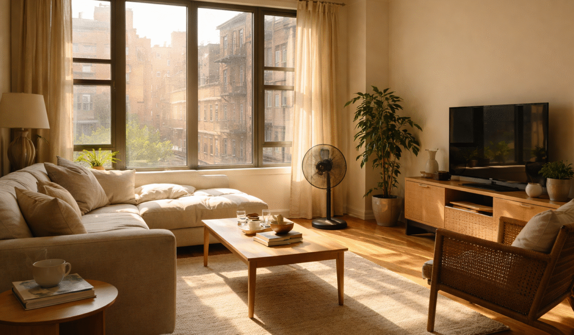 Late summer sunlight entering a New York City apartment through large windows