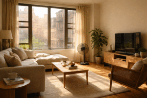 Professional Shades - Custom Window Treatments NYC 7 Late summer sunlight entering a New York City apartment through large windows