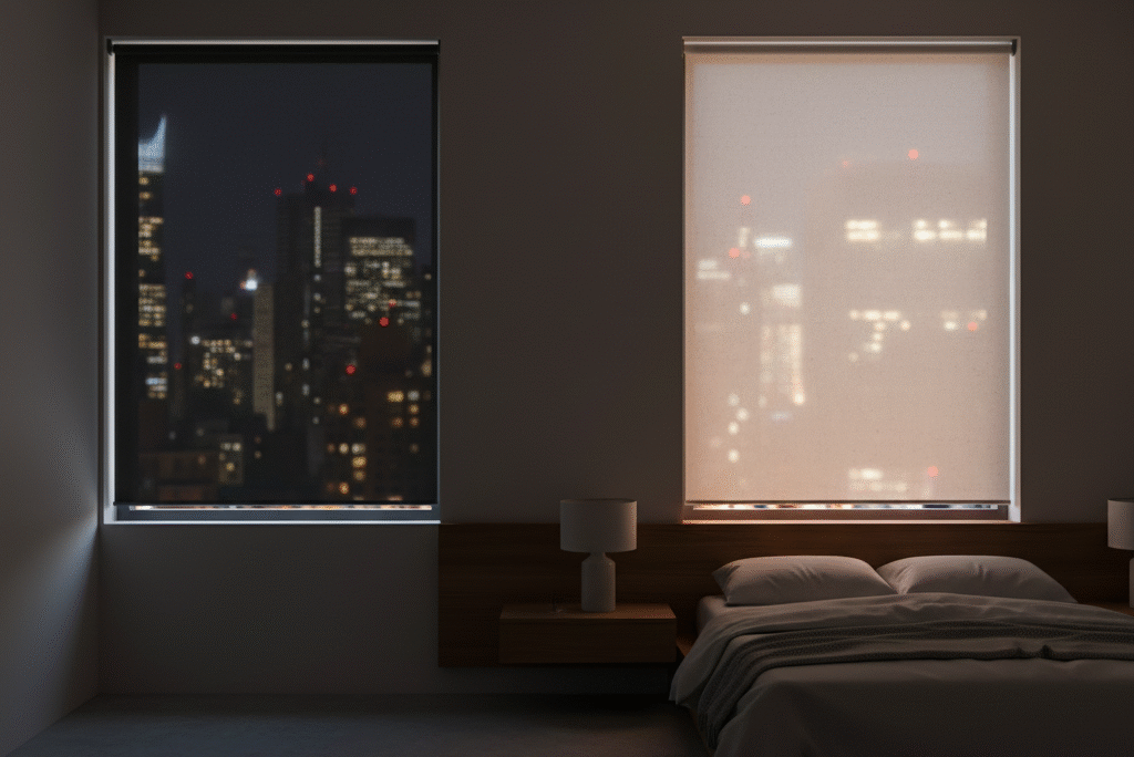 Comparison of blackout and room-darkening shades in a New York City bedroom showing full darkness versus filtered city light
