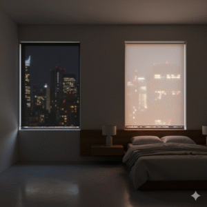 Professional Shades - Custom Window Treatments NYC 6 Comparison of blackout and room-darkening shades in a New York City bedroom showing full darkness versus filtered city light