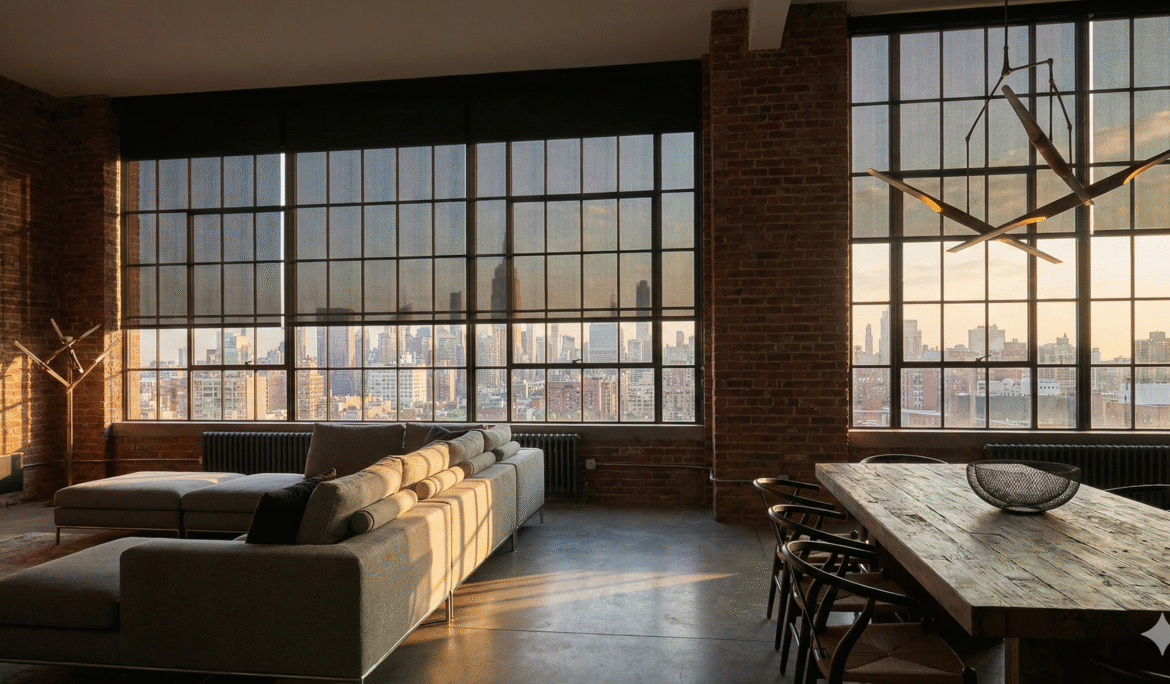 Expansive Tribeca loft apartment in NYC featuring floor-to-ceiling industrial windows. Dark charcoal motorized solar roller shades are partially lowered, revealing a sunset view of the Manhattan skyline while managing glare.
