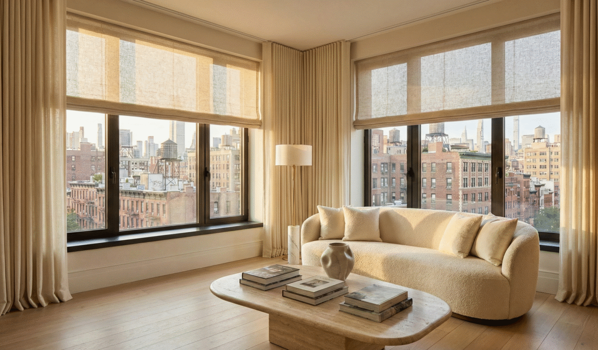 layered shades and drapes in NYC living room